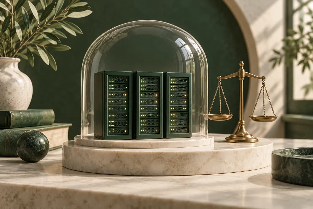 Model of a server centre under protective glass and scales of justice