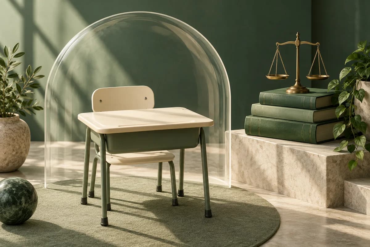 Empty school desk under protective glass, books, and scales of justice
