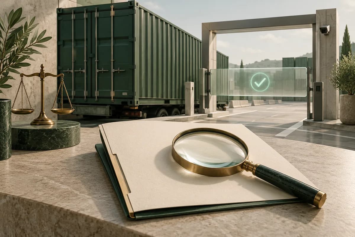 Cargo container, checkpoint model, and magnifying glass on a contract