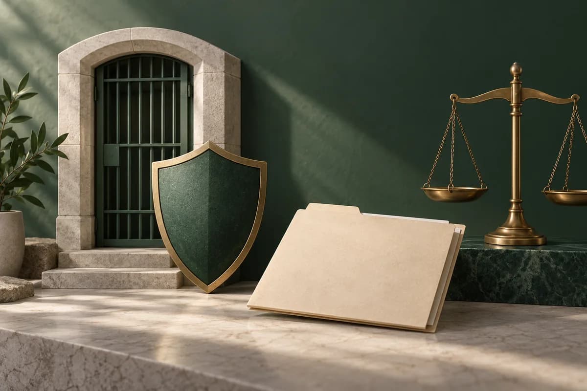 Symbolic prison arch, protective shield, and blank case file