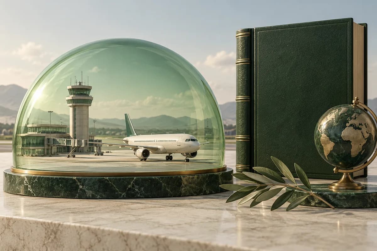 Model of an airport and passenger aircraft under a protective transparent dome