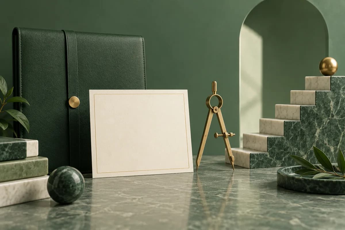 Una tarjeta de invitación en blanco, un portafolio verde y una brújula de latón junto a escalones ascendentes de color marfil.