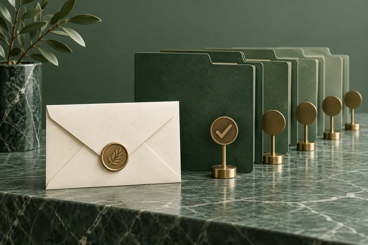 An ivory invitation envelope before green folders with one selected brass marker.
