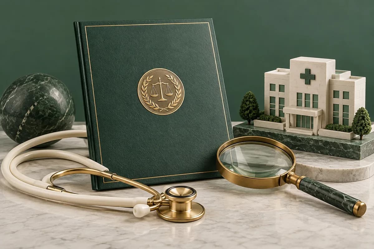 Un estetoscopio de color marfil, una carpeta verde de credenciales y una lupa junto a un pequeño edificio médico.