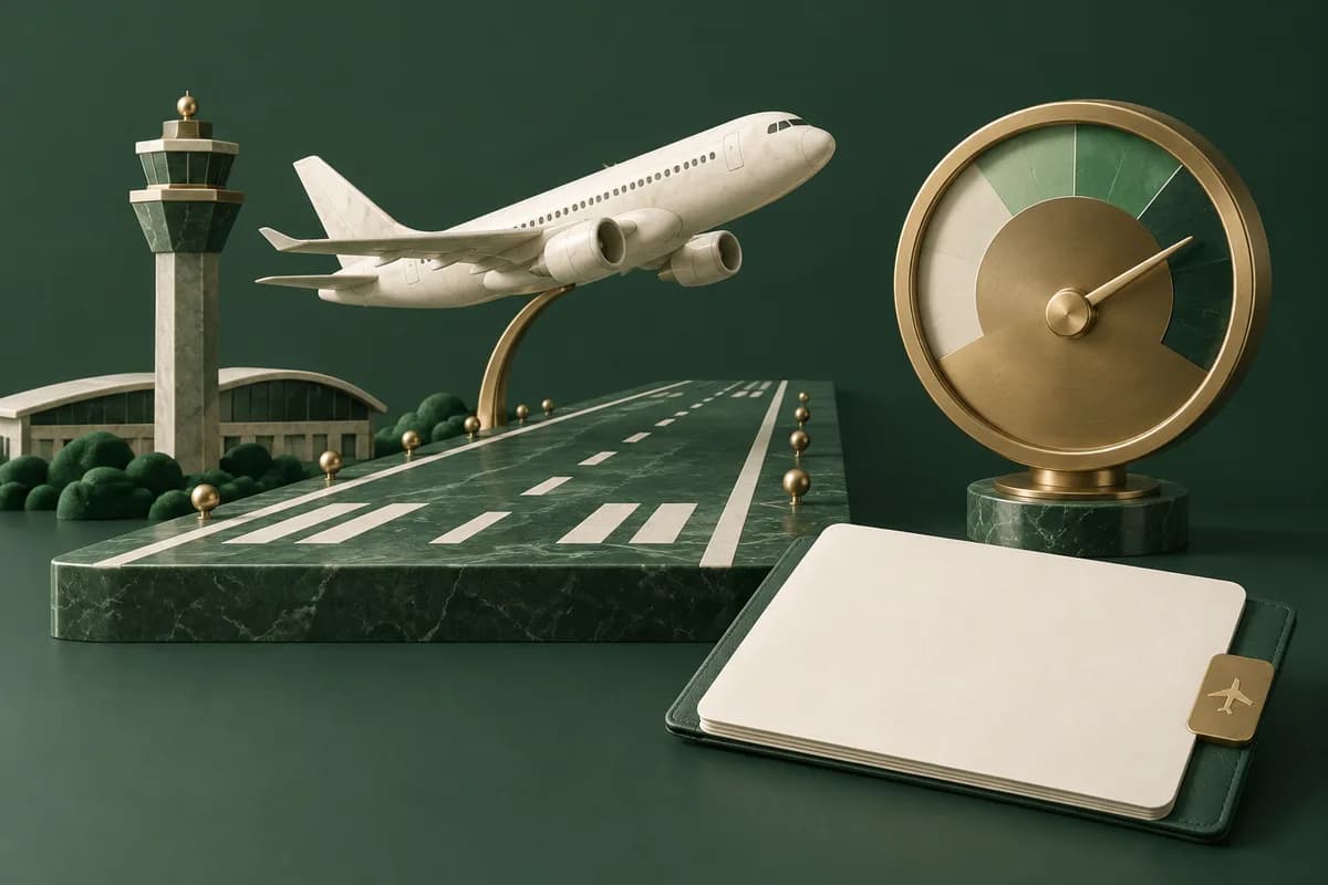 An ivory passenger airplane above a green runway beside an unmarked brass capacity gauge.