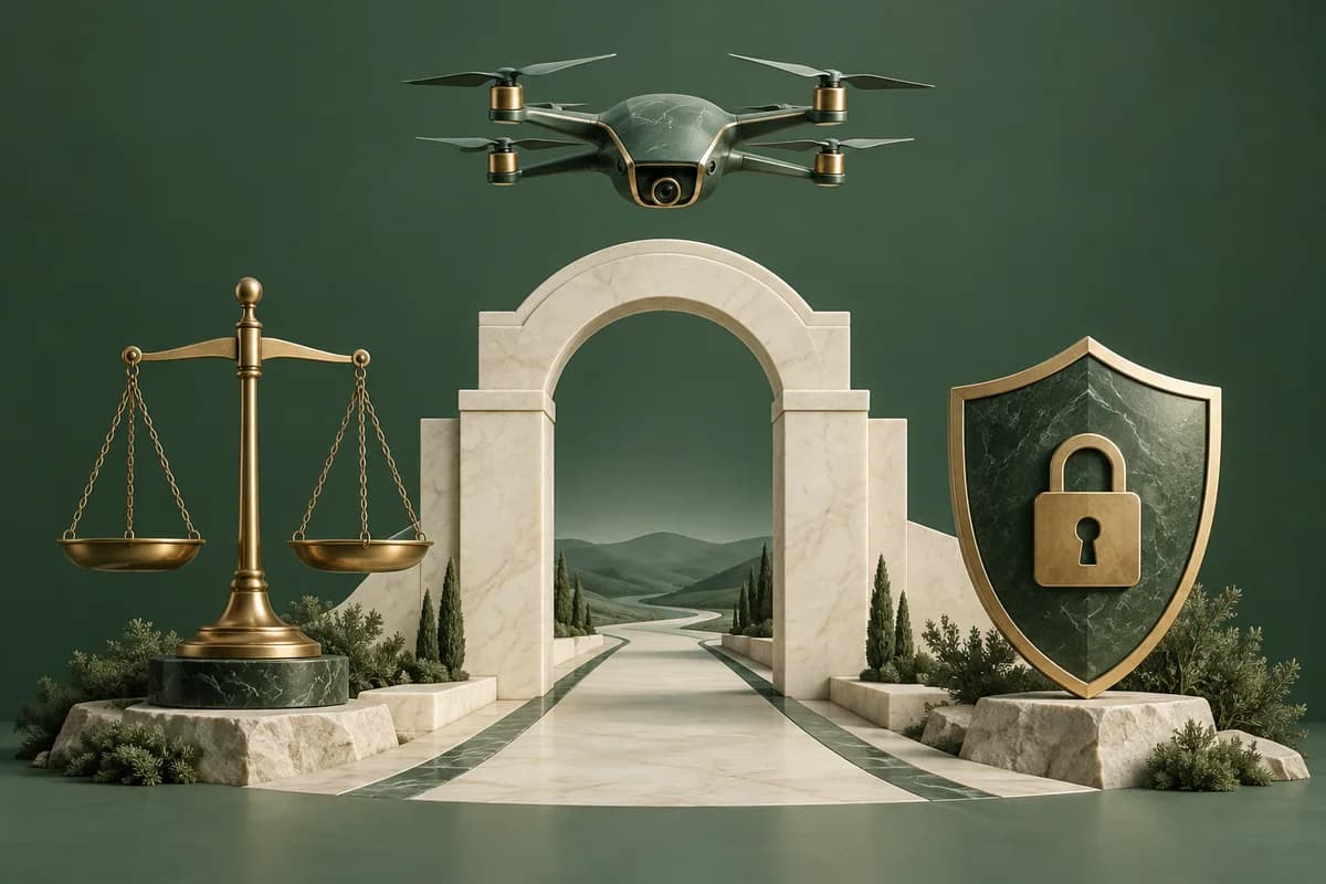 Un dron verde abstracto sobre un arco fronterizo color marfil, junto a una balanza y un escudo de privacidad.