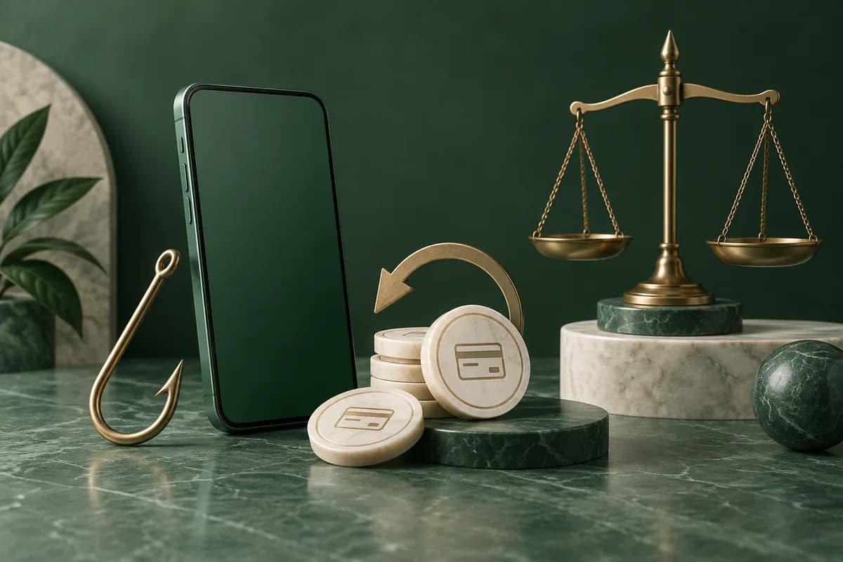 Un teléfono verde, un objeto de advertencia con forma de gancho de latón y fichas de pago devueltas junto a una balanza.