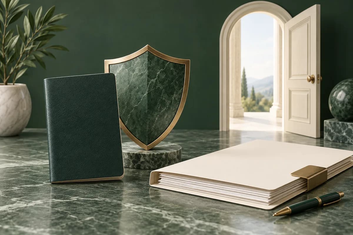 Un pasaporte, un escudo protector verde y una carpeta de recurso junto a una puerta abierta de color marfil.