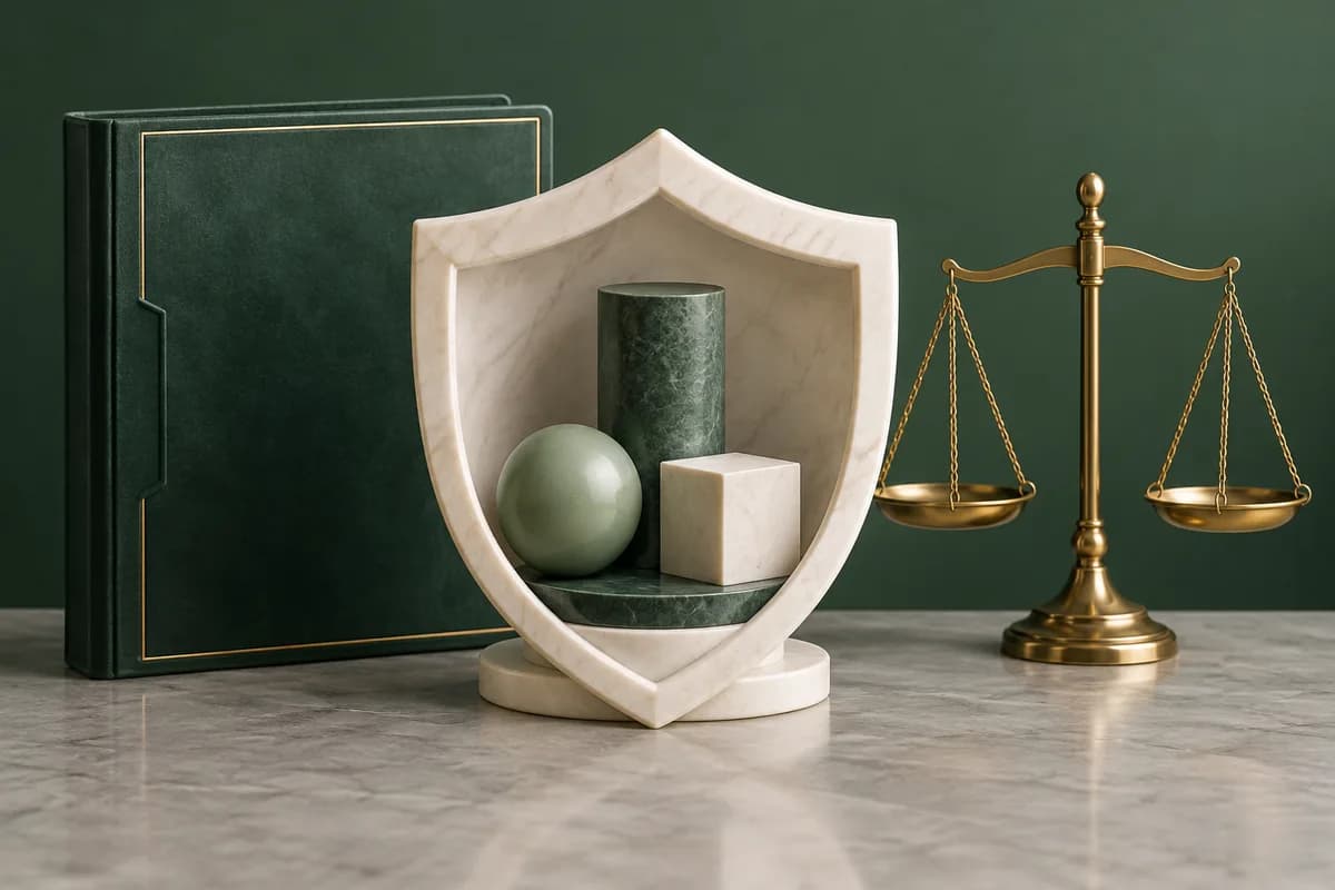Un escudo protector de color marfil junto a una carpeta judicial verde y una balanza de la justicia de latón.