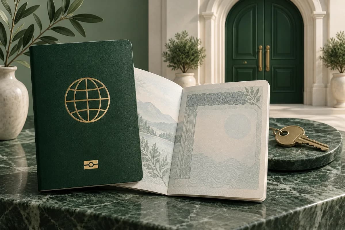 Un pasaporte verde y una página de visado en blanco ante una puerta de color marfil con una llave de casa detrás.