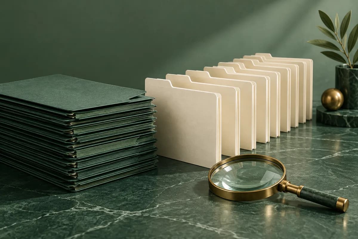 A stack of green application files becoming individual ivory folders beside a magnifying glass.