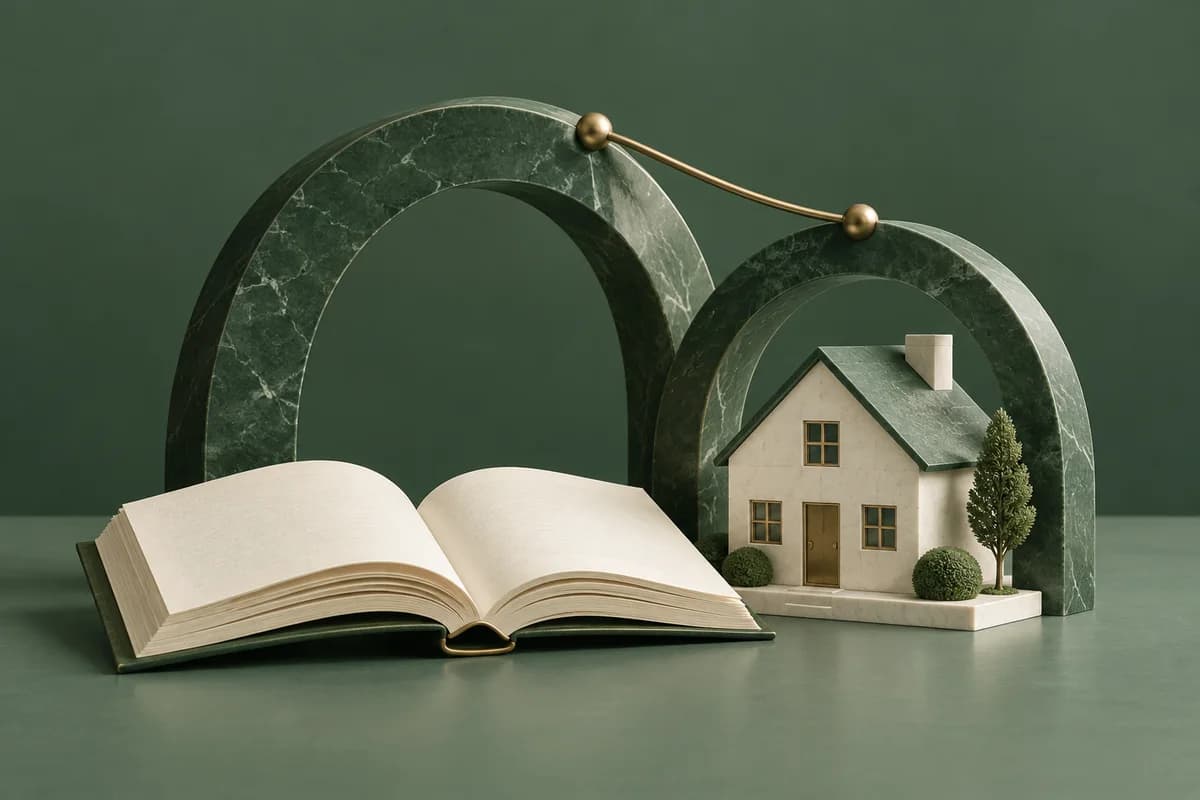 An open ivory schoolbook and family home beneath two linked green arches.