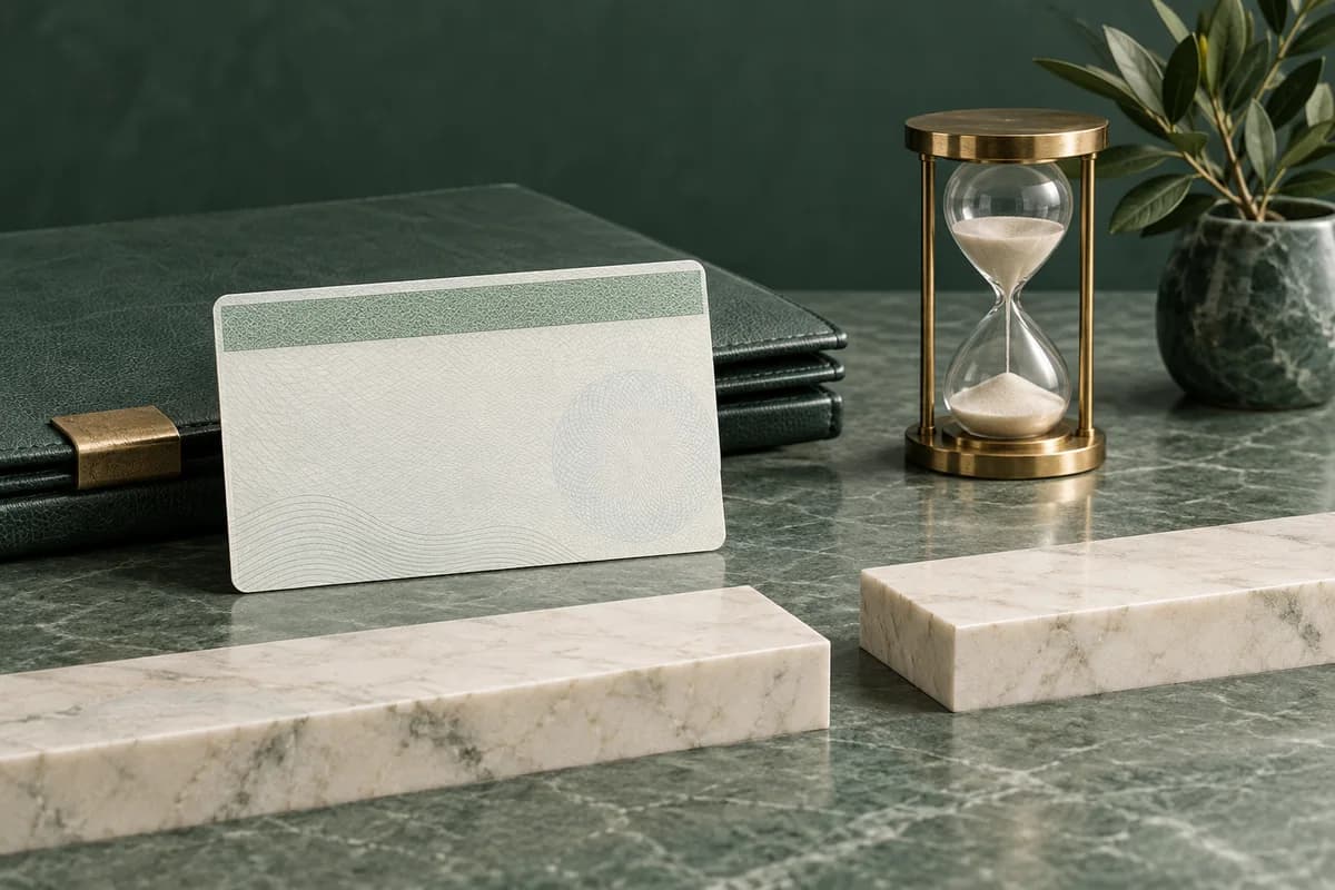 Una tarjeta de trabajo en blanco y un reloj de arena de latón junto a dos peldaños separados de color marfil.
