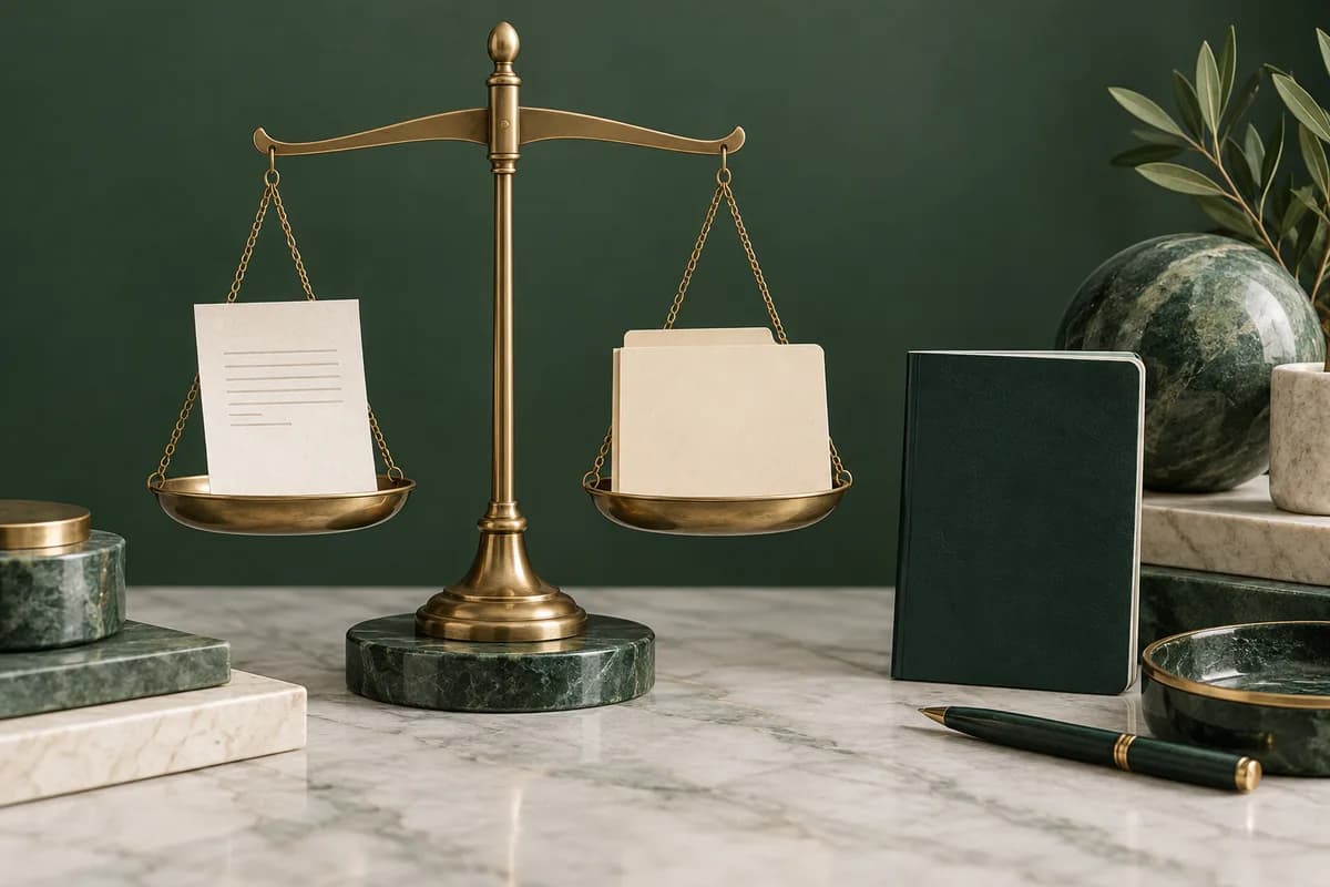 Brass scales balancing a notice and an appeal folder beside a green passport.