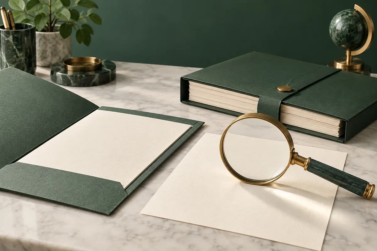 Una lupa de latón sobre una página nueva junto a una carpeta verde archivada de solicitudes.