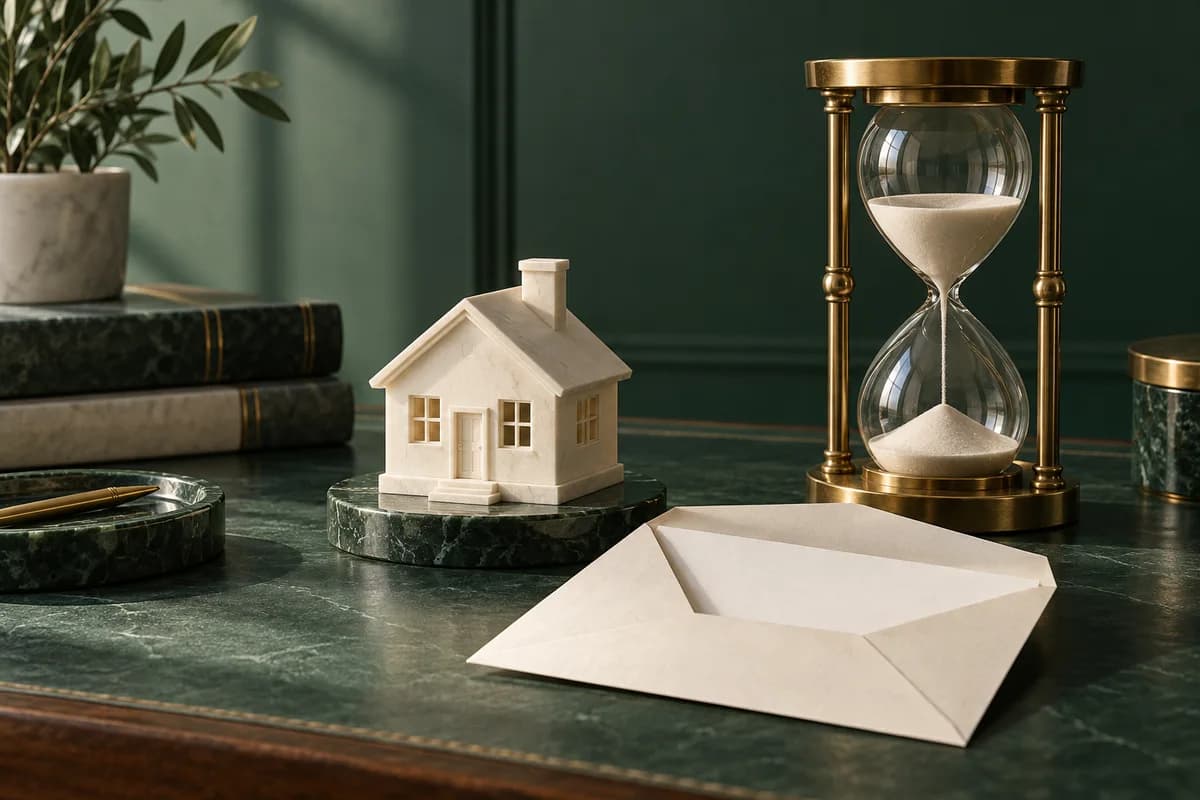 An ivory home, open notice envelope and brass hourglass on a green surface.