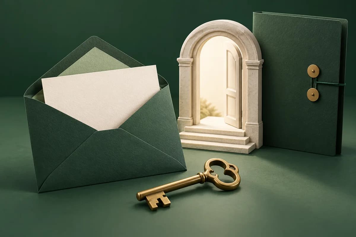 Un sobre verde abierto, una llave de latón y una puerta de color marfil junto a una carpeta de solicitud cerrada.