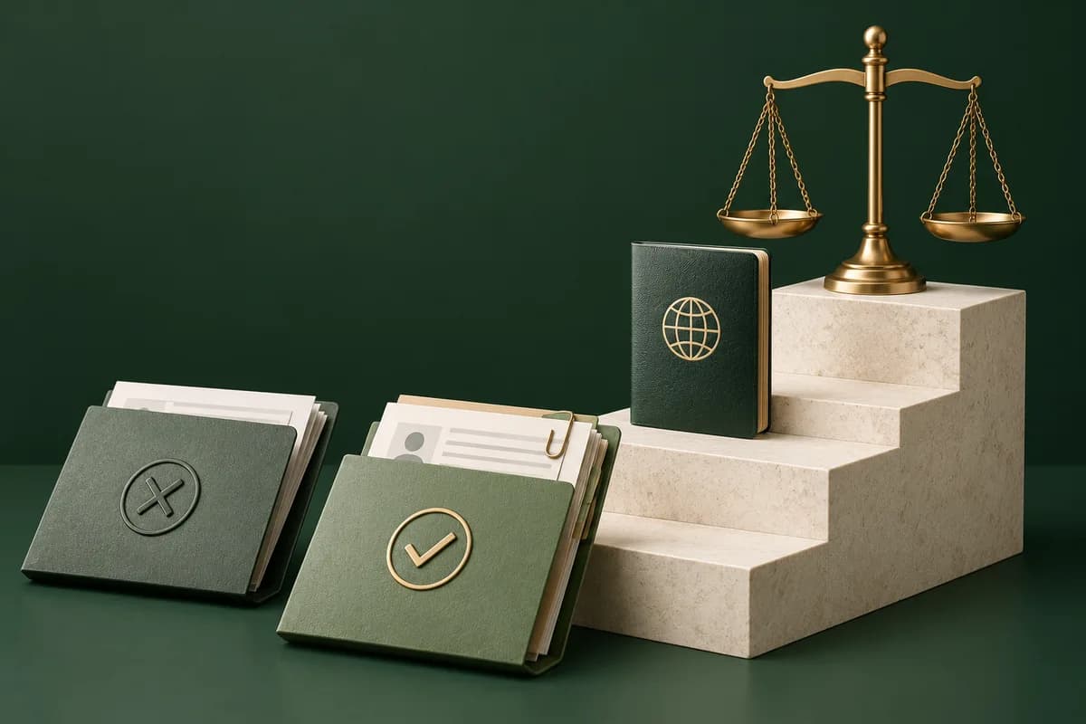 Ivory-coloured steps, brass scales and a green passport beside separate work folders.