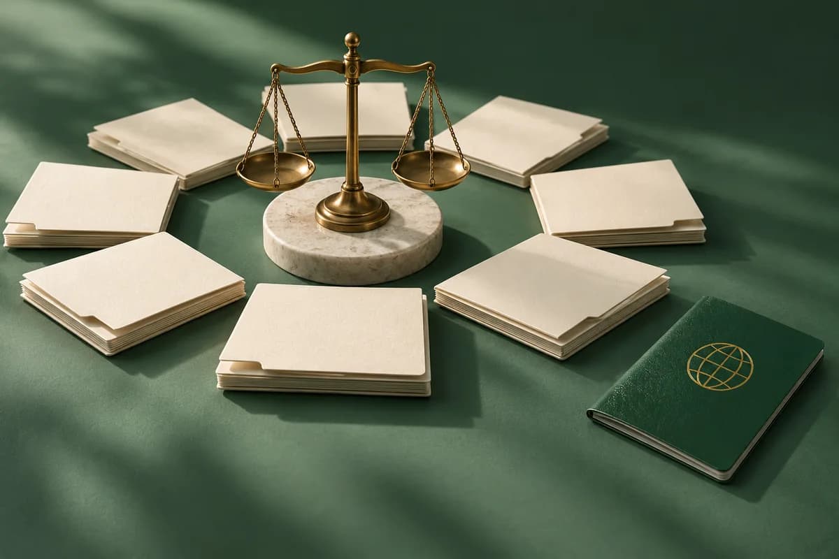 Ivory-coloured policy folders around brass scales with a separate green passport.