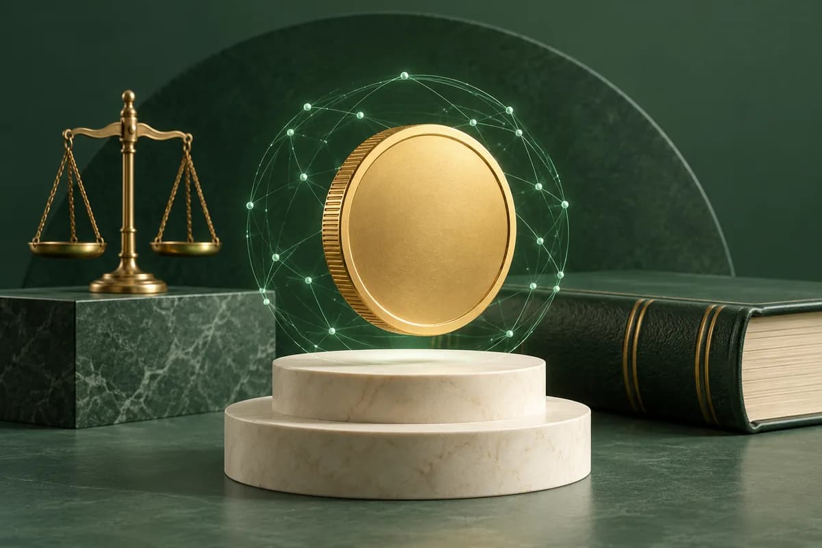 A blank brass coin above a stone plinth with a green digital lattice and closed legal book.