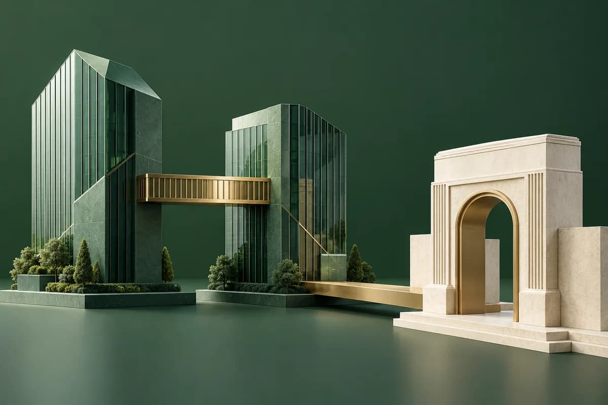Dos torres empresariales verdes conectadas por un puente de latón que termina ante una puerta de revisión de piedra.