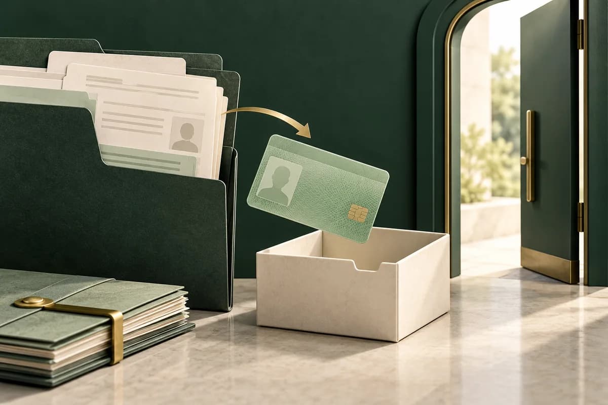A green residence card moving toward an ivory-coloured delivery box beside an exit doorway.