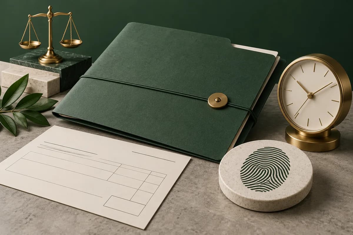 A green application folder, blank receipt and fingerprint-shaped disk beside a brass clock.