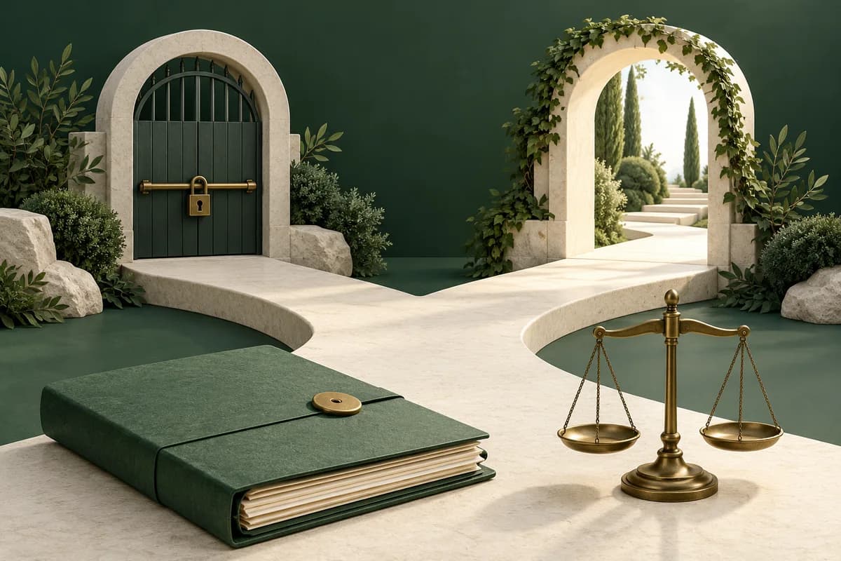 A branching ivory-coloured path, open arch and closed gate beside green papers and brass scales.