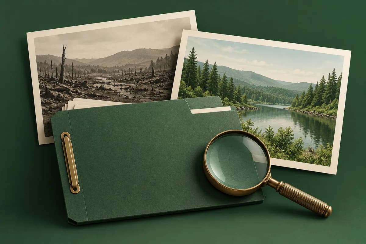 Una carpeta verde de pruebas y una lupa de latón junto a dos paisajes simbólicos contrastantes.
