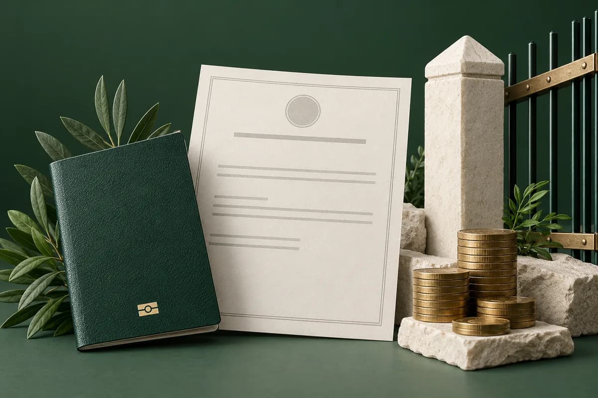 A blank enforcement notice and green passport beside a stone boundary and brass coins.
