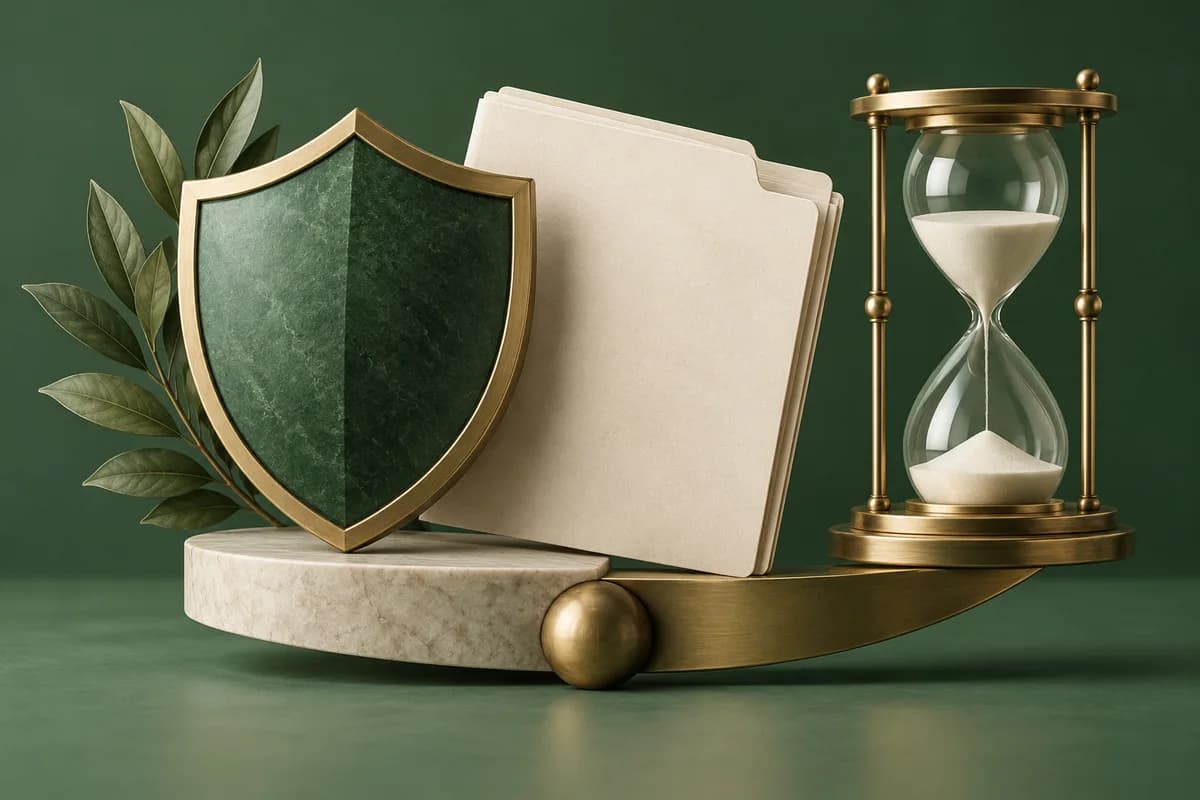 Un escudo protector verde y una carpeta judicial colocados junto a un reloj de arena de latón.