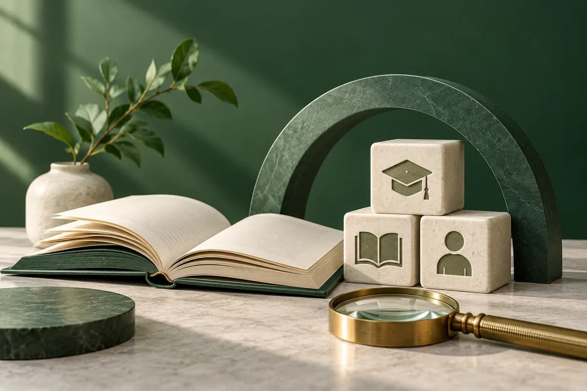Un libro escolar verde abierto, bloques de aprendizaje y una lupa de latón bajo un arco protector.