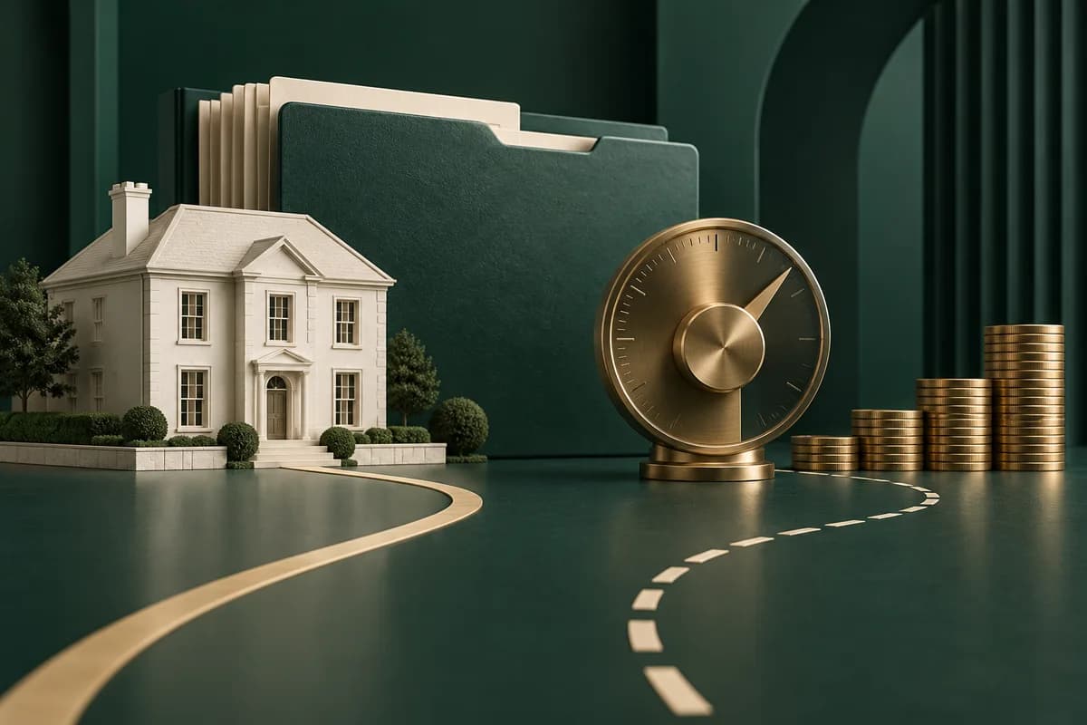 Una casa de color marfil y una carpeta de préstamos verde junto a un dial de latón y monedas apiladas, con dos caminos abstractos.