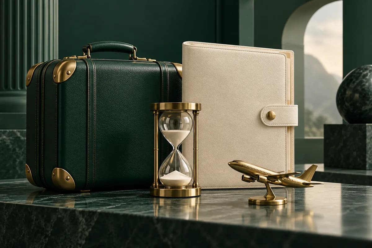 A green travel case beside an ivory-coloured investment folder, brass hourglass and small symbolic aircraft.