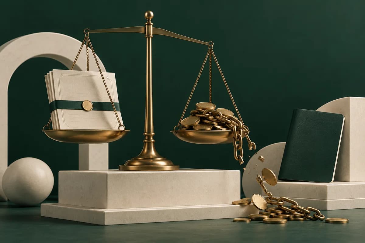 Una balanza de latón equilibra un contrato laboral en blanco frente a monedas y una cadena rota junto a un pasaporte verde.