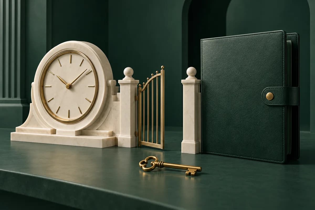 Un reloj de color marfil junto a una carpeta de trabajo verde cerrada, una llave de latón y una verja estrecha.