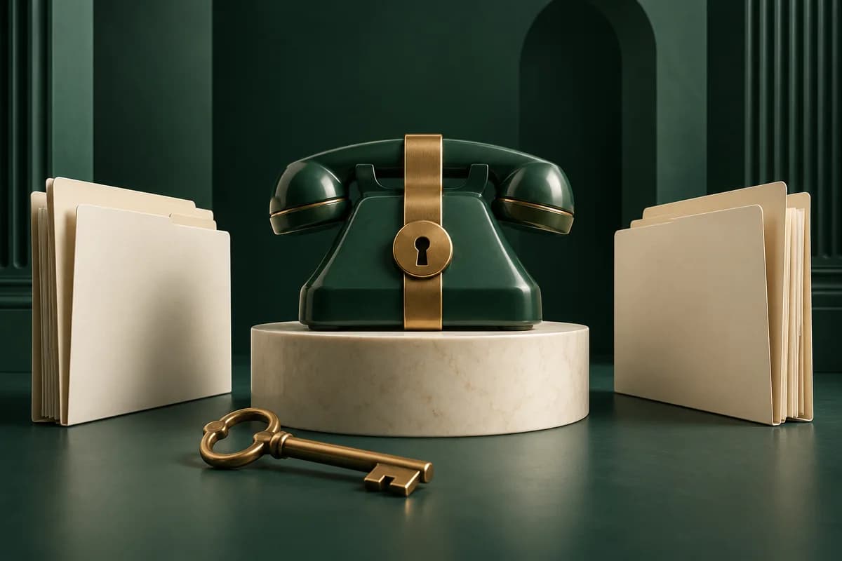 A sealed green phone on an ivory-coloured pedestal beside a brass key and separate document folders.