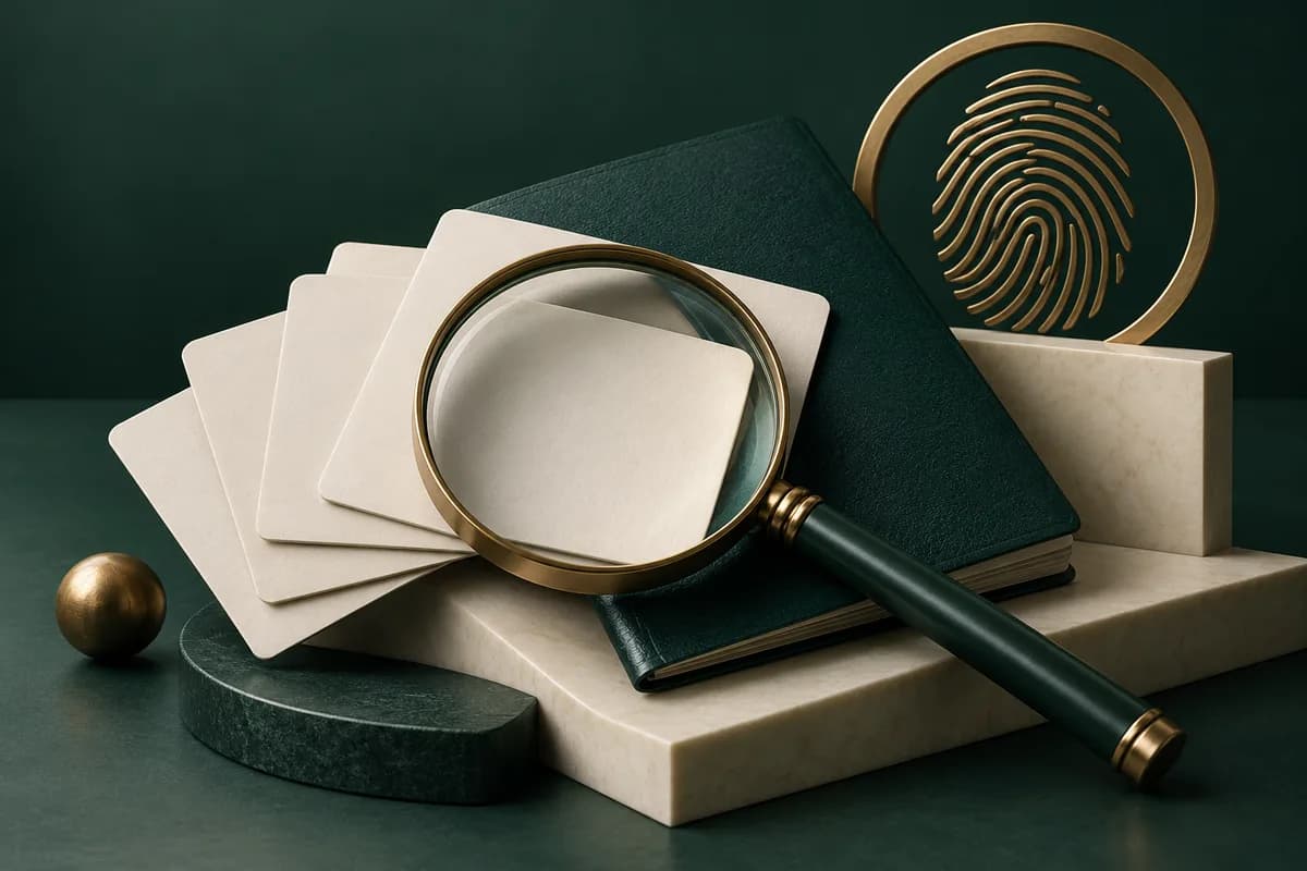 Una lupa de latón sobre tarjetas de identidad en blanco de color marfil, un pasaporte verde y una huella dactilar simbólica.