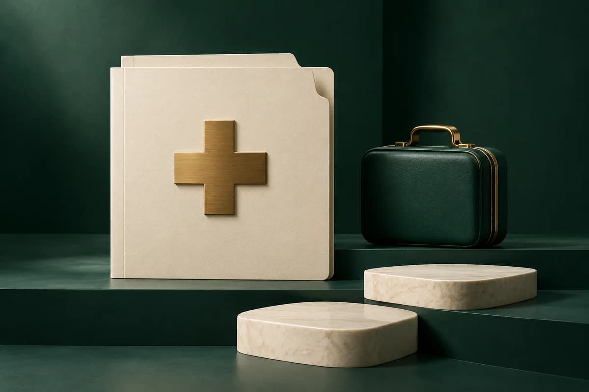 An ivory-coloured medical folder with a brass cross, a green travel case and separate stepping stones.
