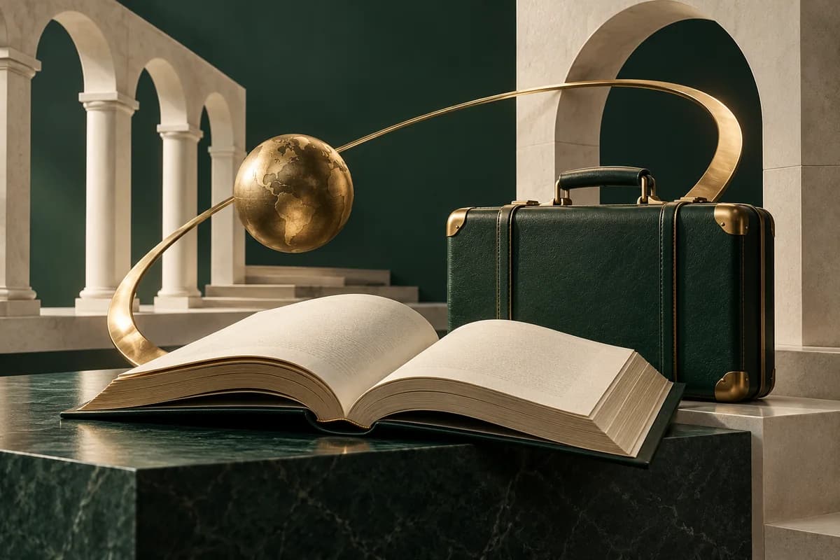 Un libro abierto de color marfil, una maleta verde y un arco de latón que une arcos universitarios abstractos.