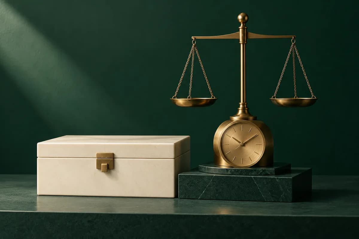 An ivory evidence box and a brass clock stand beneath balanced scales against a forest-green wall.