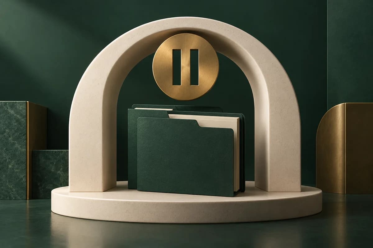 A brass pause symbol shelters two blank case folders beneath an ivory arch on a green base.