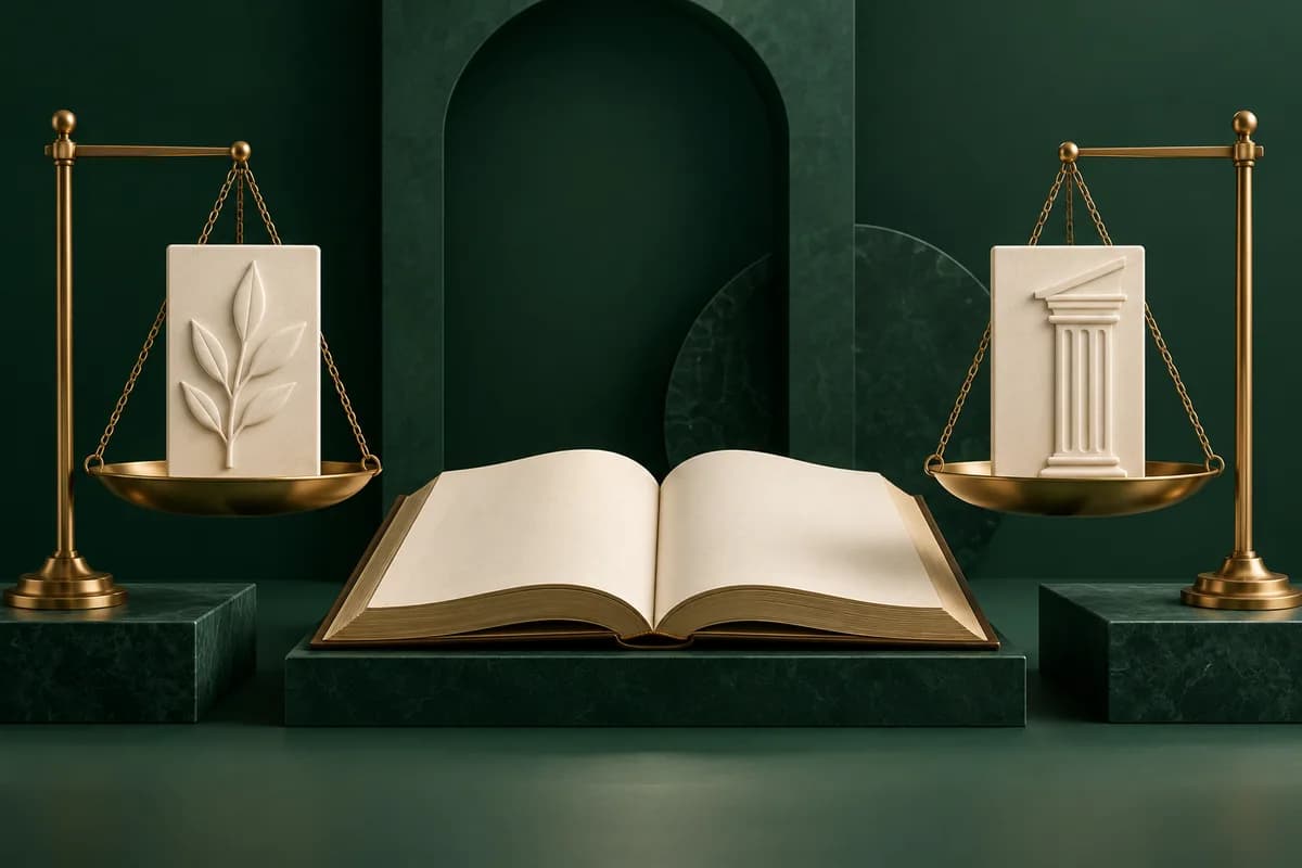 Dos paneles de pruebas de color marfil reposan sobre balanzas de latón separadas junto a un libro judicial en blanco abierto.