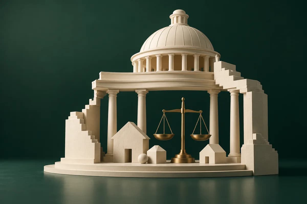 An unfinished ivory legislative building frames small abstract household shapes and brass scales.