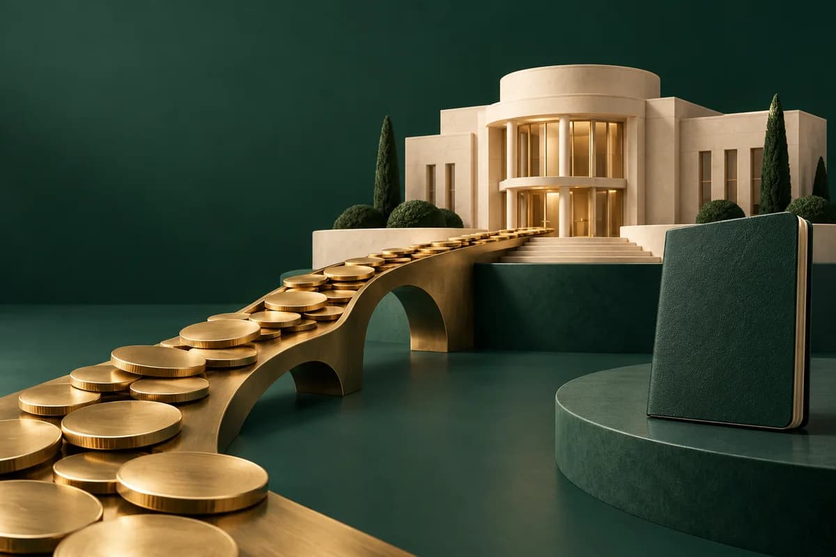A brass stream of coins flows toward an ivory healthcare building beside a blank green passport.