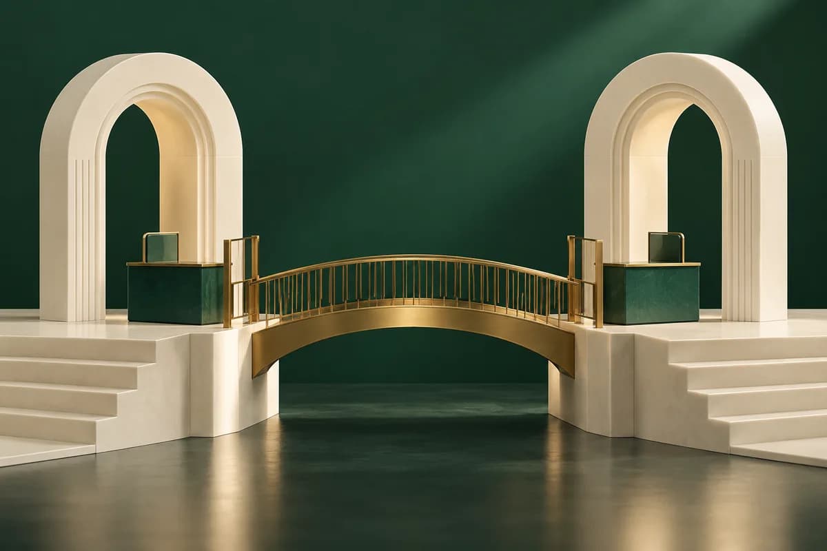 Two ivory gateways share a brass bridge but have separate green document checkpoints.
