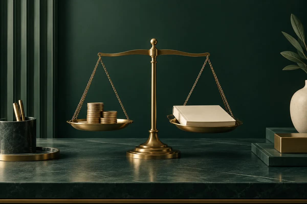 Brass scales compare a small stack of coins with a blank ivory fee ledger on a green desk.