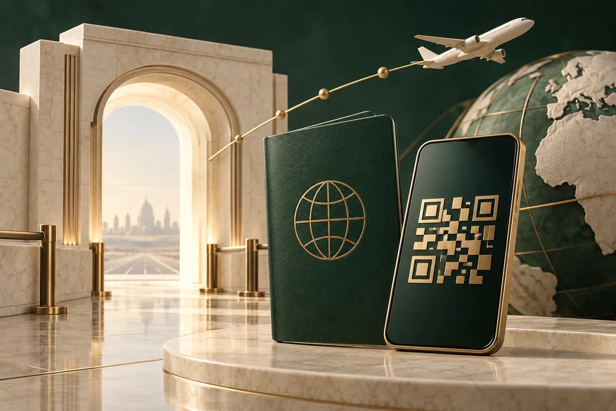 Un pasaporte verde y un mosaico digital de latón junto a una puerta de aeropuerto de color marfil.