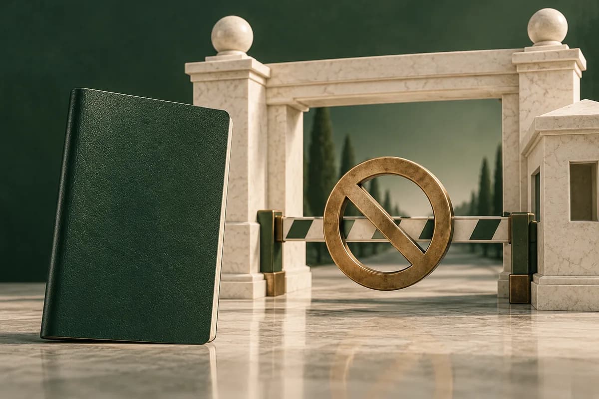 Una puerta fronteriza de color marfil y un símbolo de restricción de latón junto a un pasaporte verde.