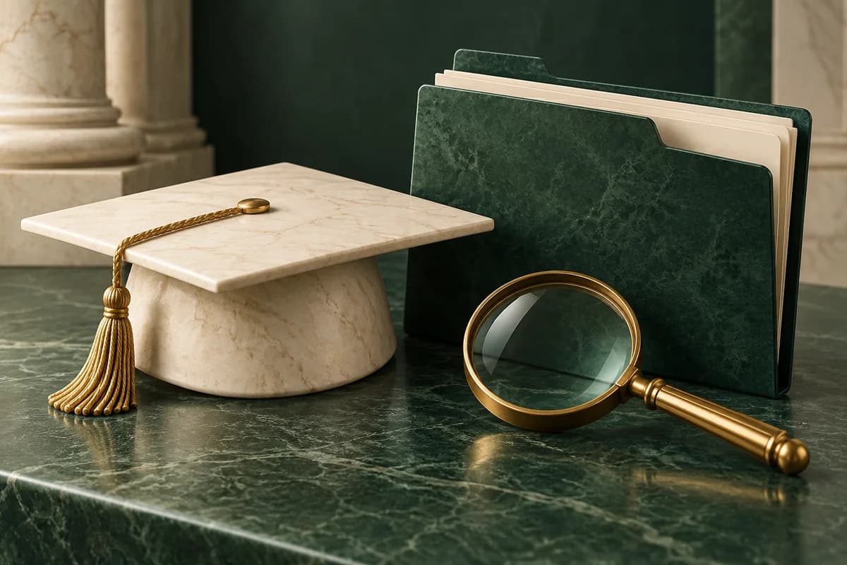An ivory graduation cap rests beside a green folder and brass magnifying glass.